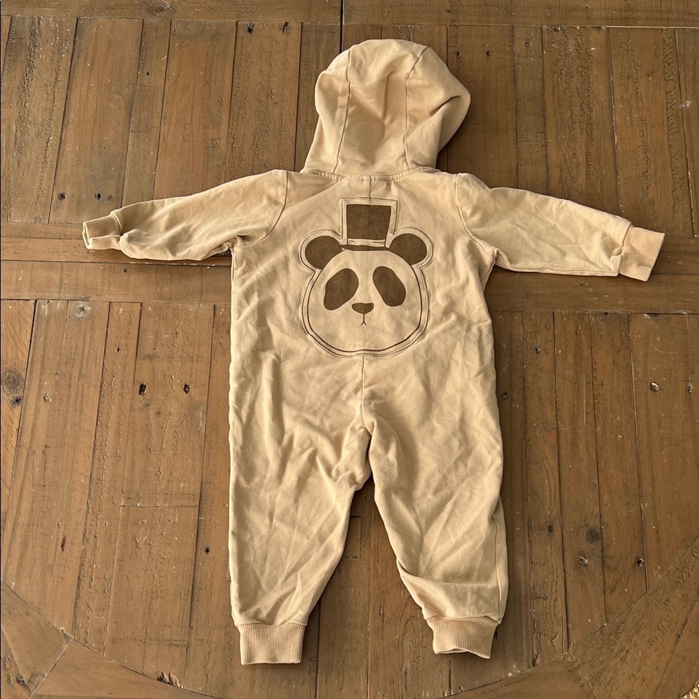 Mini Rodini organic panda print back romper 6-9 month full zip hooded one piece
